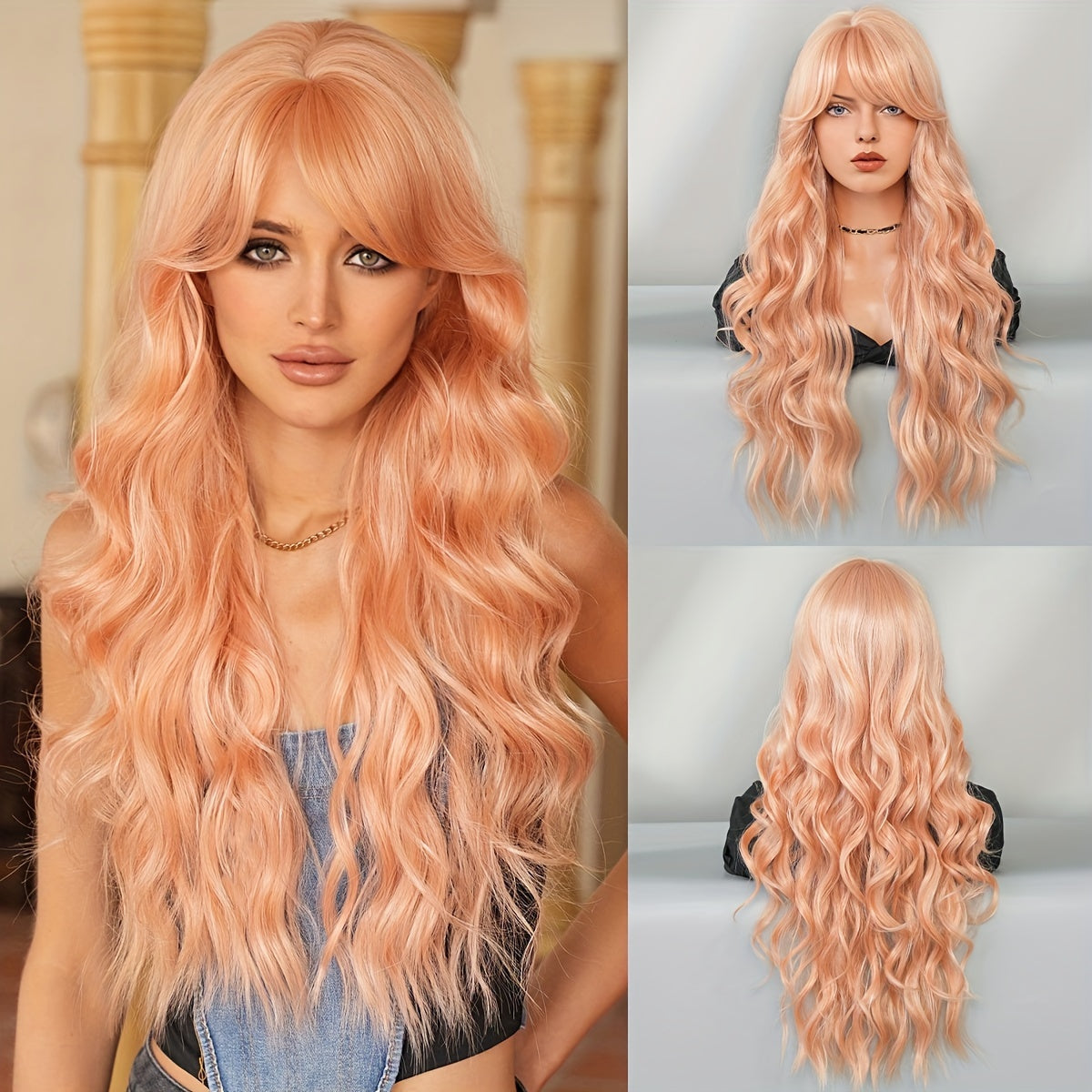 Elegant Body Wave Synthetic Wig for Women, Heat Resistant High Density 150% with Bangs, Long Loose Side Part, Beige Highlighted, Rose Net Cap, 27.55Inches