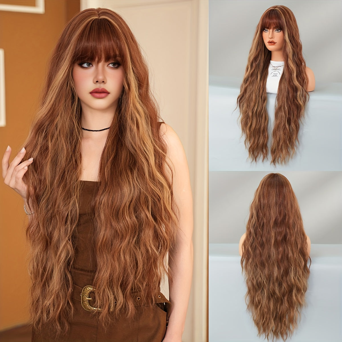 Pumpkin Orange Brown Long Curly Wig - Heat Resistant Synthetic Hair for Halloween, Cosplay & Parties, 35.43inch