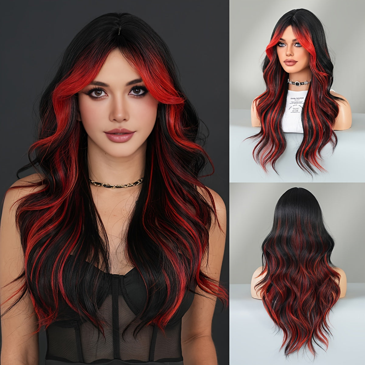 Sassy Theme Viscose Wavy Wig with Ombre Blue Highlights, Heat Resistant Synthetic Middle Part Wave Curl, High Density Rose Net Cap by NAMM, 25.59inch