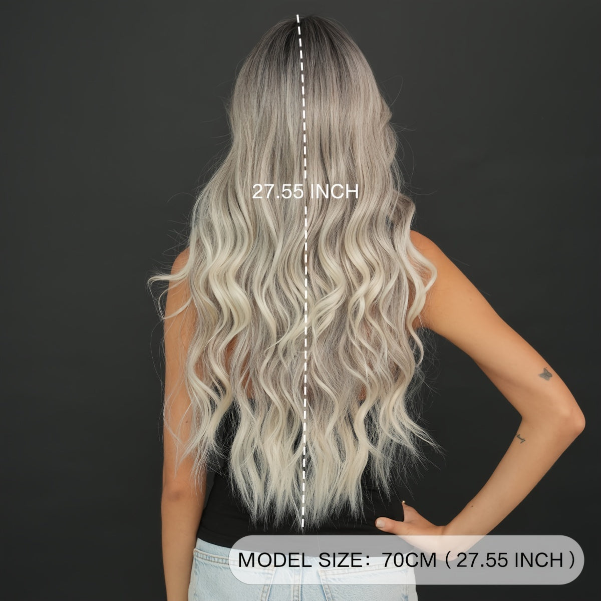 Elegant Water Wave Wig for Women, High Temperature Fiber Synthetic Silver Grey Ombre, 150% Density Rose Net Cap, Long Wavy Curl 27.56inch, Heat Resistant for Festivals and Parties