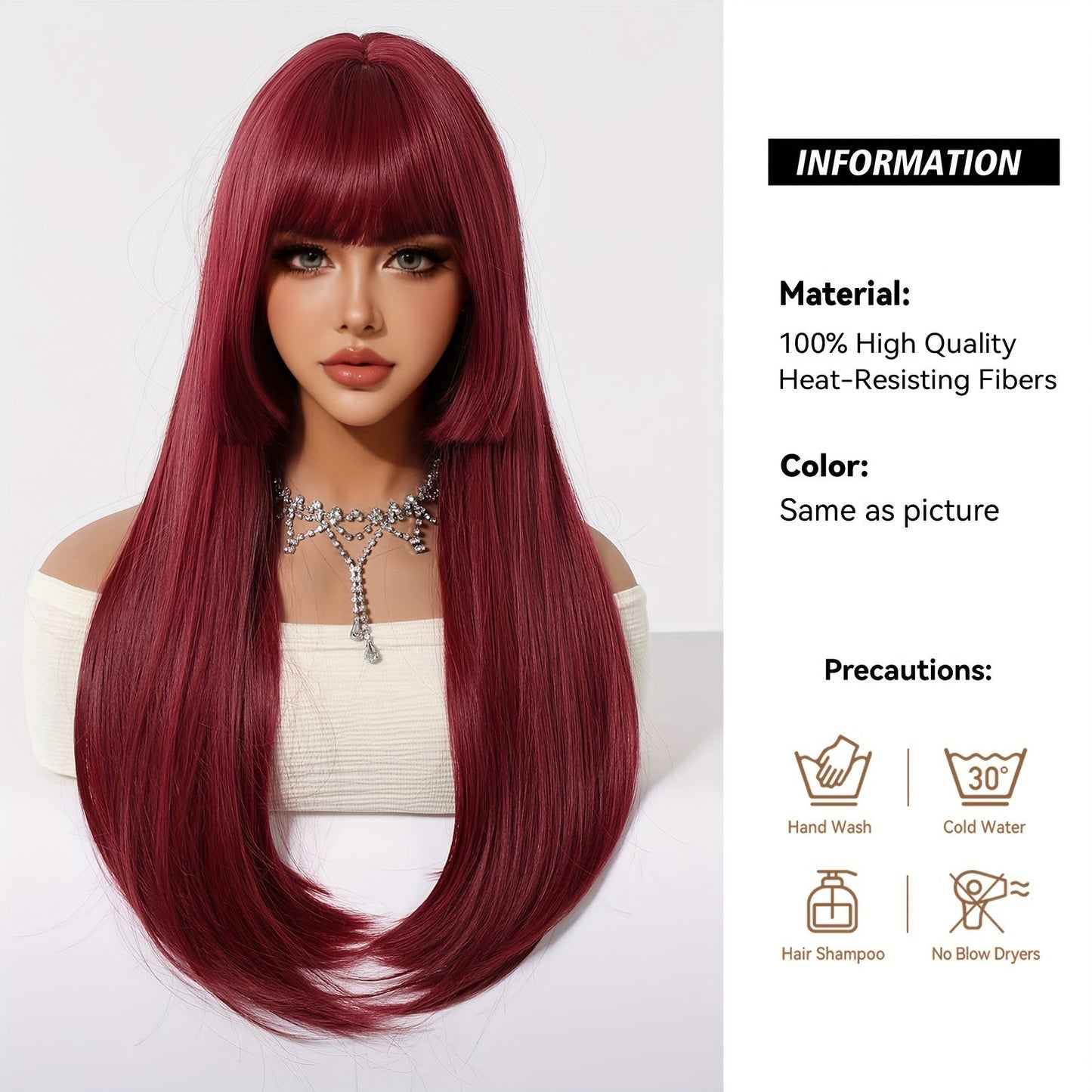 Chic 26" Burgundy Long Straight Wig with Bangs - Princess Cut, Soft Synthetic Hair for Women | Perfect for Daily Wear, Work, Parties, Halloween, Christmas & Cosplay