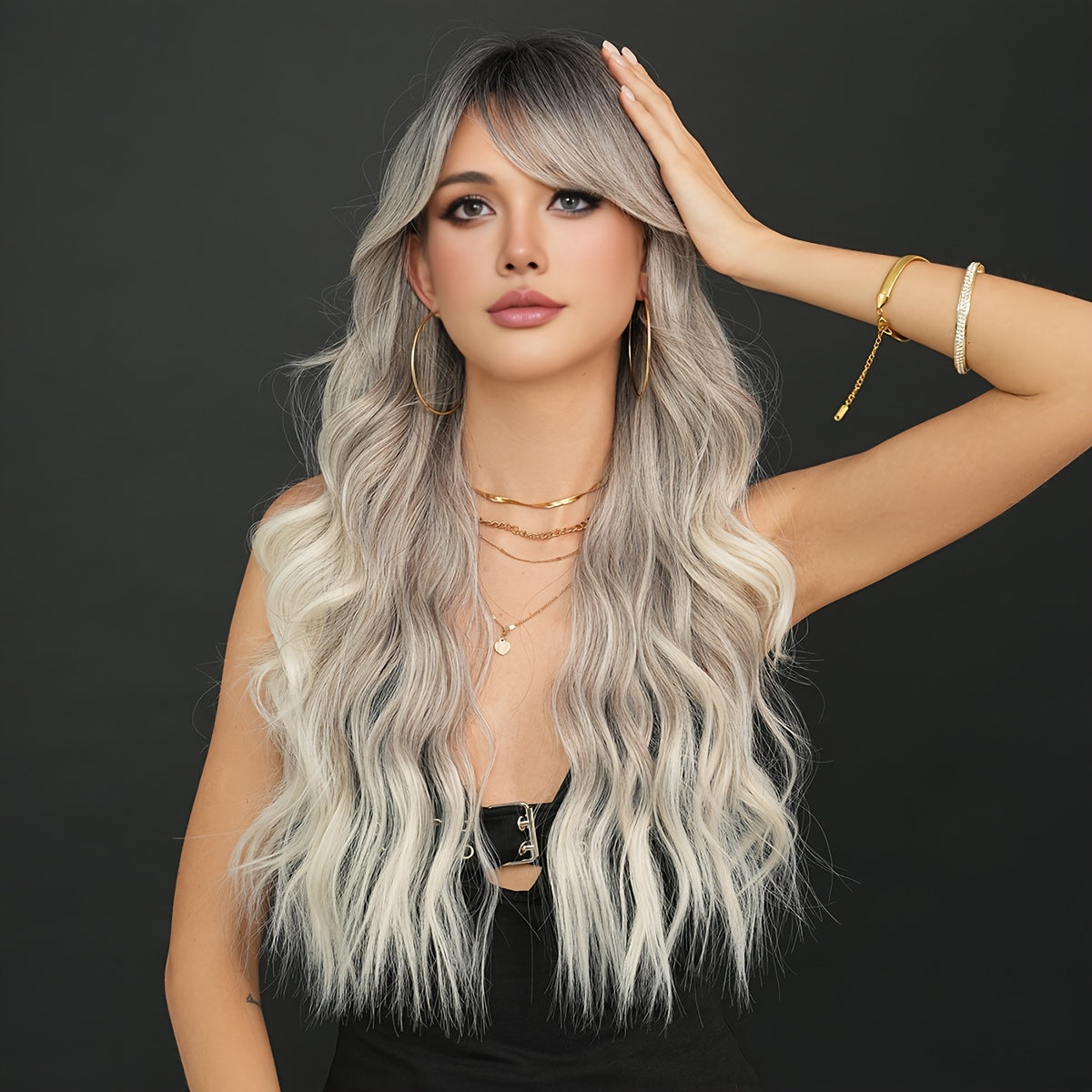 Elegant Water Wave Wig for Women, High Temperature Fiber Synthetic Silver Grey Ombre, 150% Density Rose Net Cap, Long Wavy Curl 27.56inch, Heat Resistant for Festivals and Parties