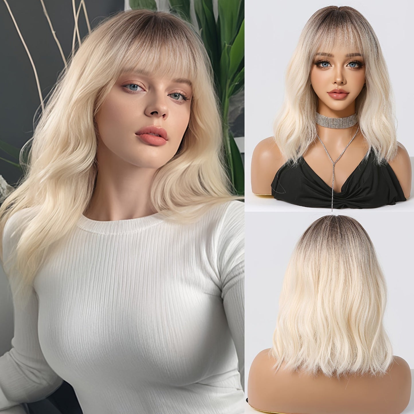 Chic 16" Ombre White Golden Bob Wig with Bangs - Soft, Heat-Resistant Synthetic Hair for Women | Perfect for Daily Wear, Work, Parties & Special Occasions