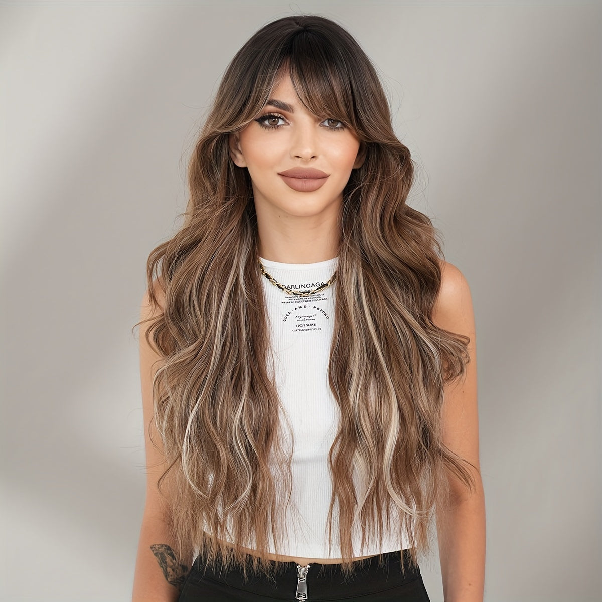 Elegant Body Wave Synthetic Wig for Women, Heat Resistant High Density 150% with Bangs, Long Loose Side Part, Beige Highlighted, Rose Net Cap, 27.55Inches