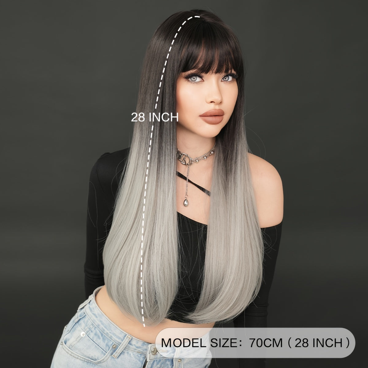 High Temperature Fiber Women'S Wig - Black to Grey Ombre, Long Straight Synthetic Hair, 150% Density, Rose Net Cap, Heat Resistant for Daily and Vacation Use, One Size Fits All, 27.56inch