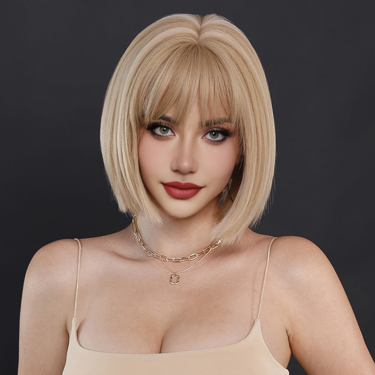 Elegant Champagne Blonde Highlight Short Straight Wig with Bangs - Heat Resistant Synthetic Hair for Women, Perfect for Daily Wear & Halloween Parties