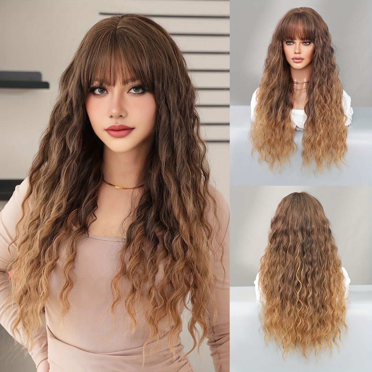 Elegant Ombre Brown to Blonde Long Water Wave Wig with Bangs for Women - High Density, Heat Resistant Synthetic Hair, Perfect for Daily Wear & Parties