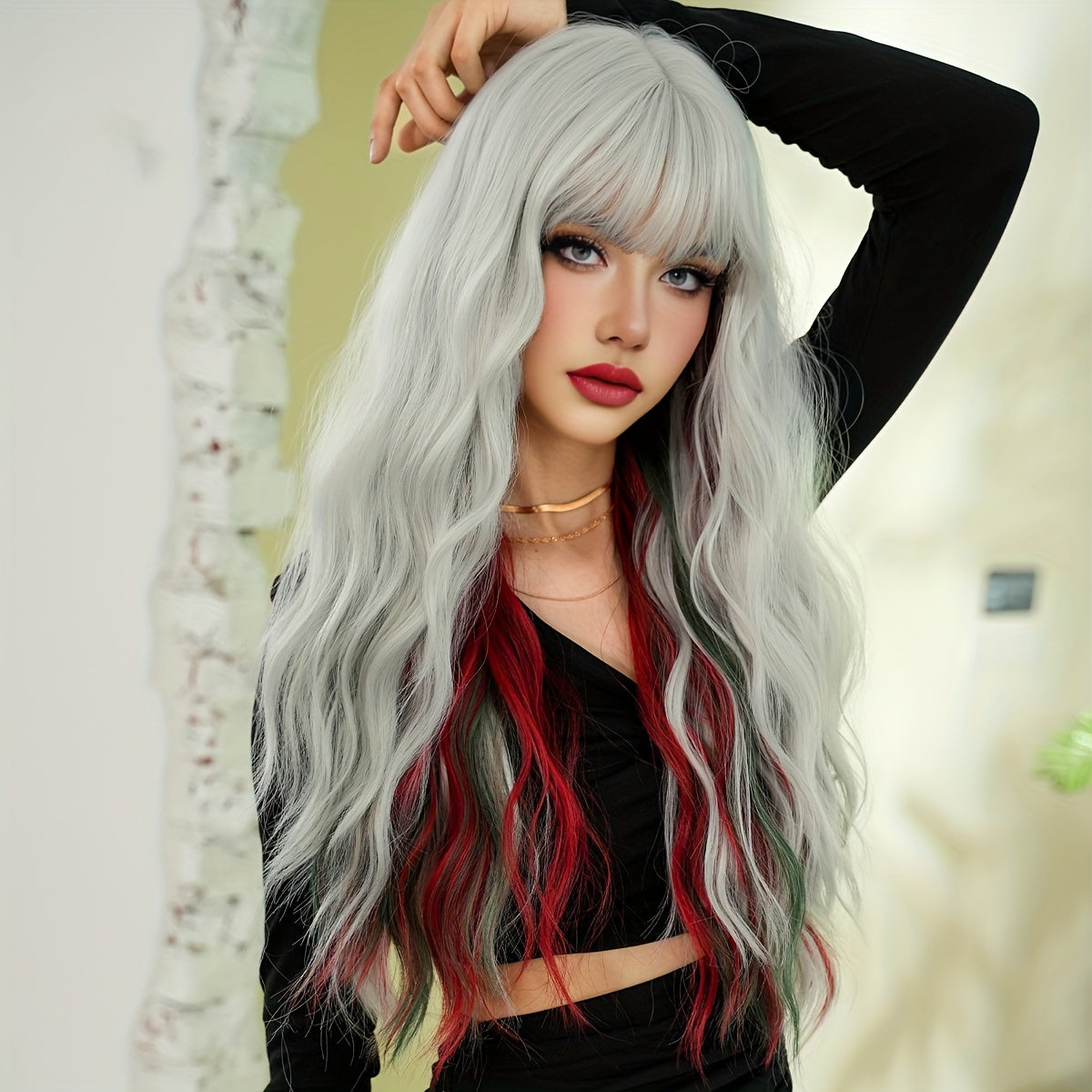 High-Density Synthetic Wig - Silvery White with Red & Green Waves, Heat Resistant for Halloween & Christmas Parties, 27.56 Inches