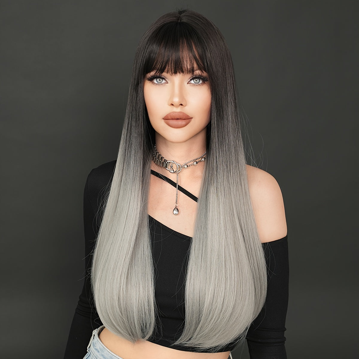 High Temperature Fiber Women'S Wig - Black to Grey Ombre, Long Straight Synthetic Hair, 150% Density, Rose Net Cap, Heat Resistant for Daily and Vacation Use, One Size Fits All, 27.56inch