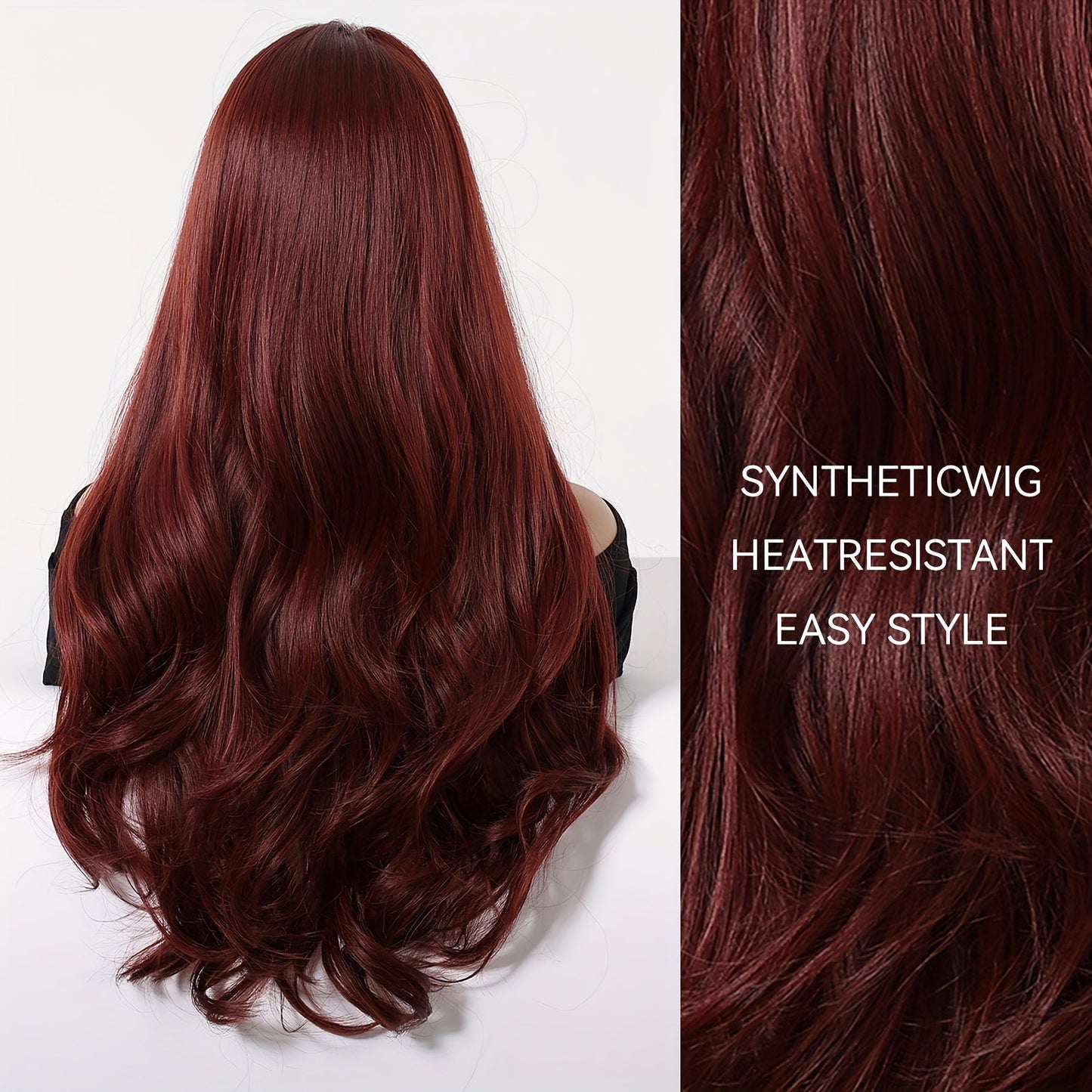 26 Inch Burgundy Long Wig with Bangs, Soft Synthetic Fiber, Elegant Style, Women's Full Top Wig, Heat-Resistant, for Daily Use, Gatherings, Cosplay, Halloween, Christmas, Music Festivals, All Ethnicities