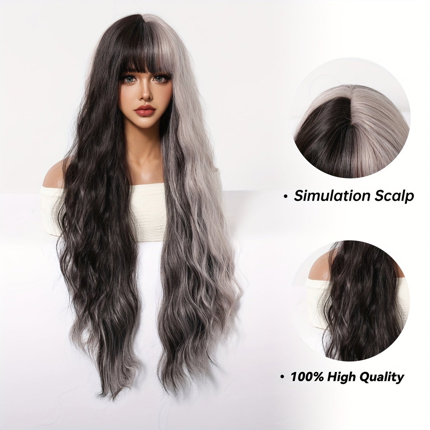 30" Long Curly Gray Ombre Wig with Bangs - Soft, Heat Resistant Synthetic Hair for Women, Perfect for Daily Wear, Parties, Halloween & Cosplay