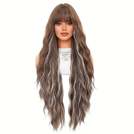 Extra-Long Water Wave Blonde & Brown Highlight Synthetic Wig with Bangs - Heat Resistant, Perfect for Halloween Cosplay & Lolita Dress-Up, for Halloween