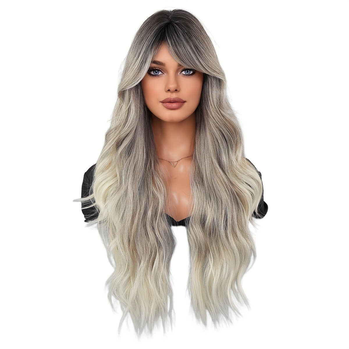 Elegant Water Wave Wig for Women, High Temperature Fiber Synthetic Silver Grey Ombre, 150% Density Rose Net Cap, Long Wavy Curl 27.56inch, Heat Resistant for Festivals and Parties