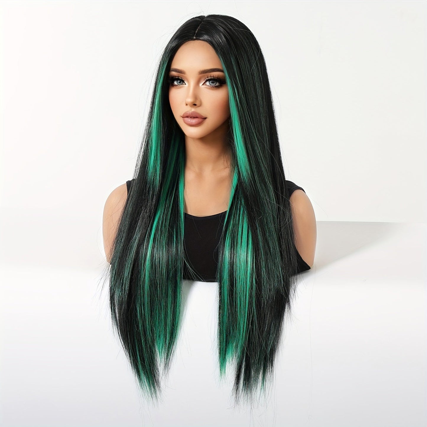 Women's 26 inch Long Straight Party Wig with Black Mixed Green Highlights, High Temperature Fiber, 150% Density, Rose Net Cap, Heat Resistant Synthetic Hair for Daily Use and Festive Occasions