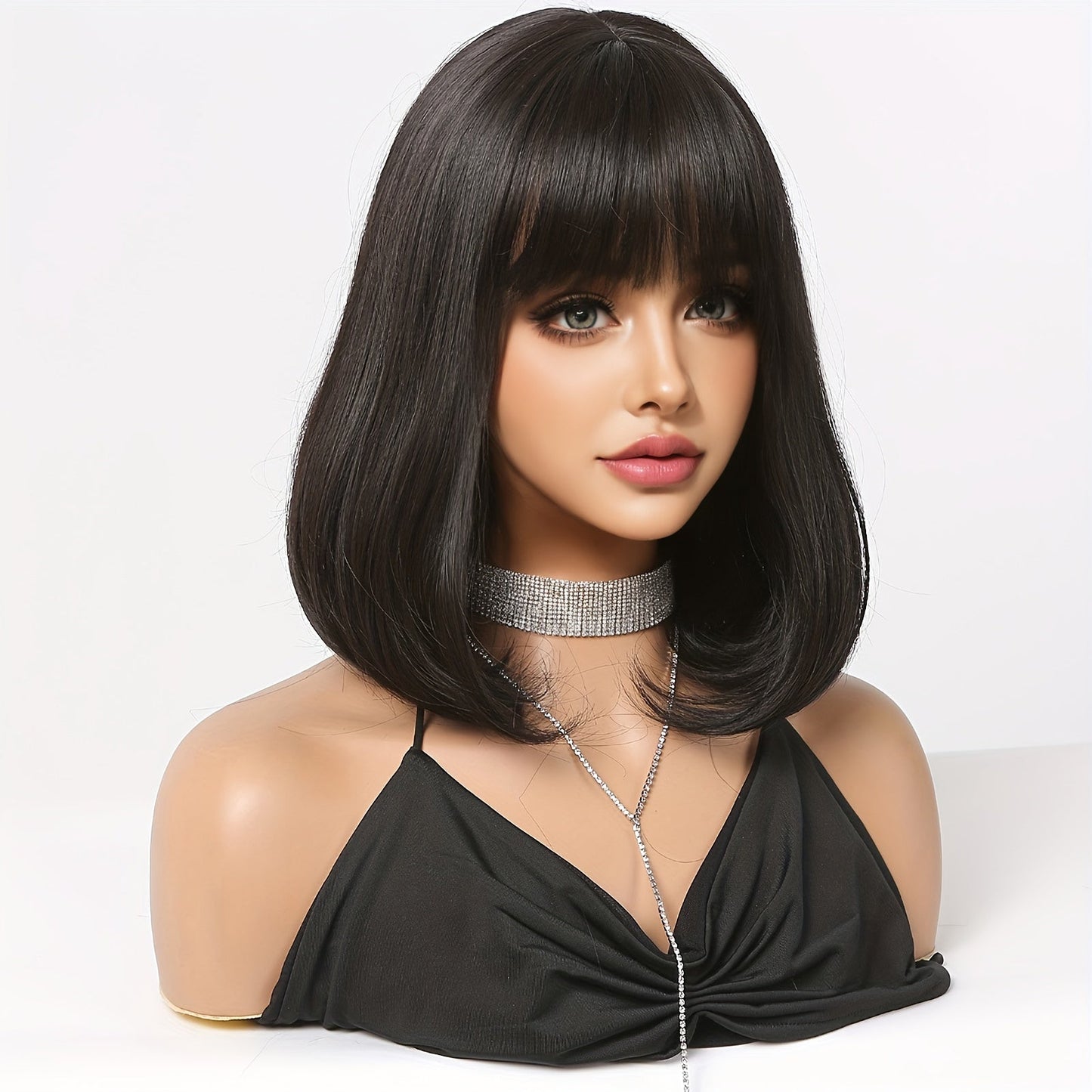 Women'S Bob Style Wig with Bangs - 16 inch, 100% High-Temperature Fiber, Straight Hair, 150% Density, Basic Style, Rose Net Cap, Versatile for Daily Wear, Work, Parties, Halloween, Christmas, Music Festivals