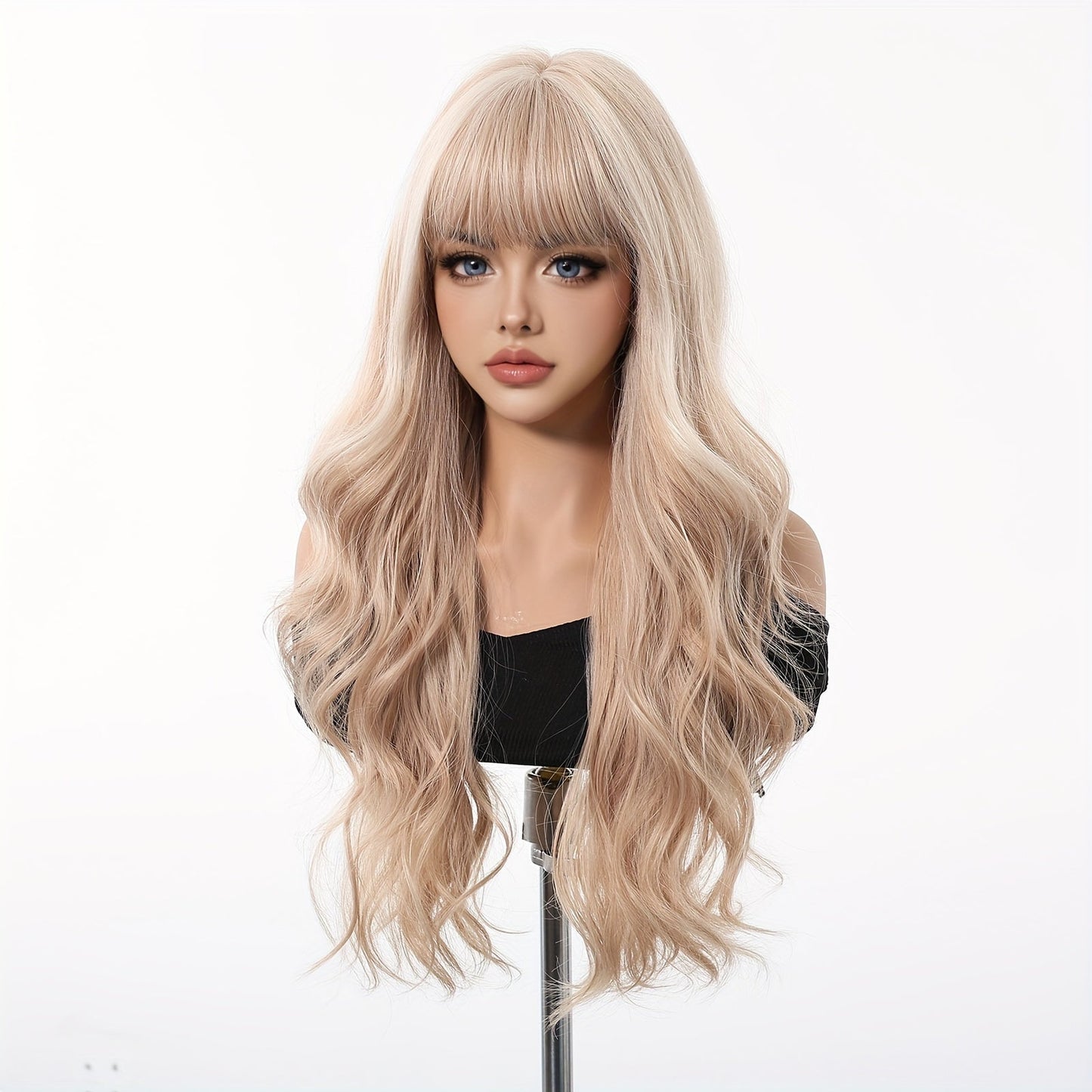 24 Inch Long Curly Wave Wig with Bangs for Women, Fashionable Soft Synthetic Hair, High Temp Fiber, Rose Net Cap, 150% Density, Ideal for Daily Wear, Halloween, Cosplay, and Music Festivals