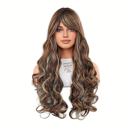 Elegant High-Density Body Wave Wig for Women - Heat Resistant Synthetic with Side Part & Bangs, Brown to Blonde Ombre, Perfect for Daily Wear & Special Occasions