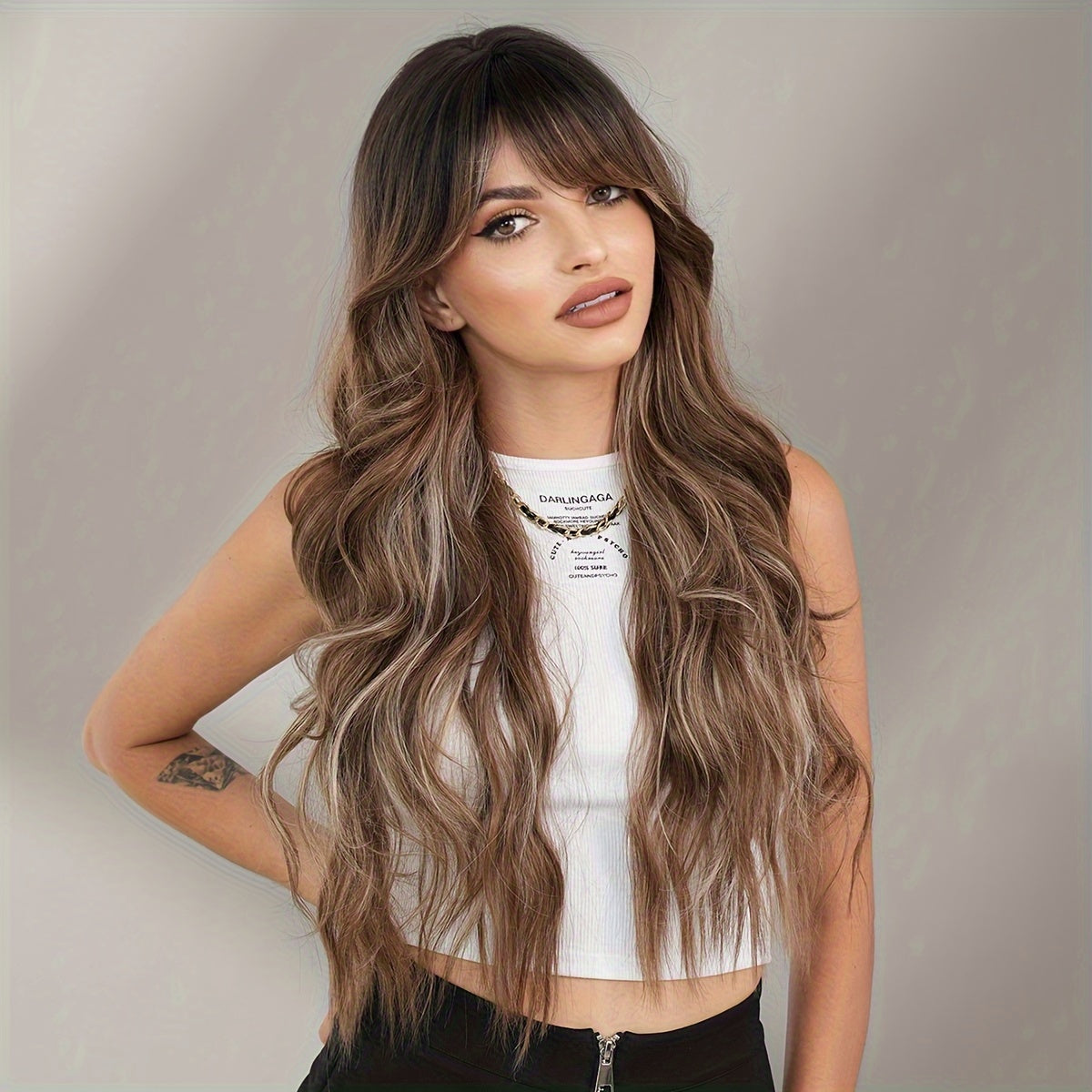 Elegant Body Wave Synthetic Wig for Women, Heat Resistant High Density 150% with Bangs, Long Loose Side Part, Beige Highlighted, Rose Net Cap, 27.55Inches