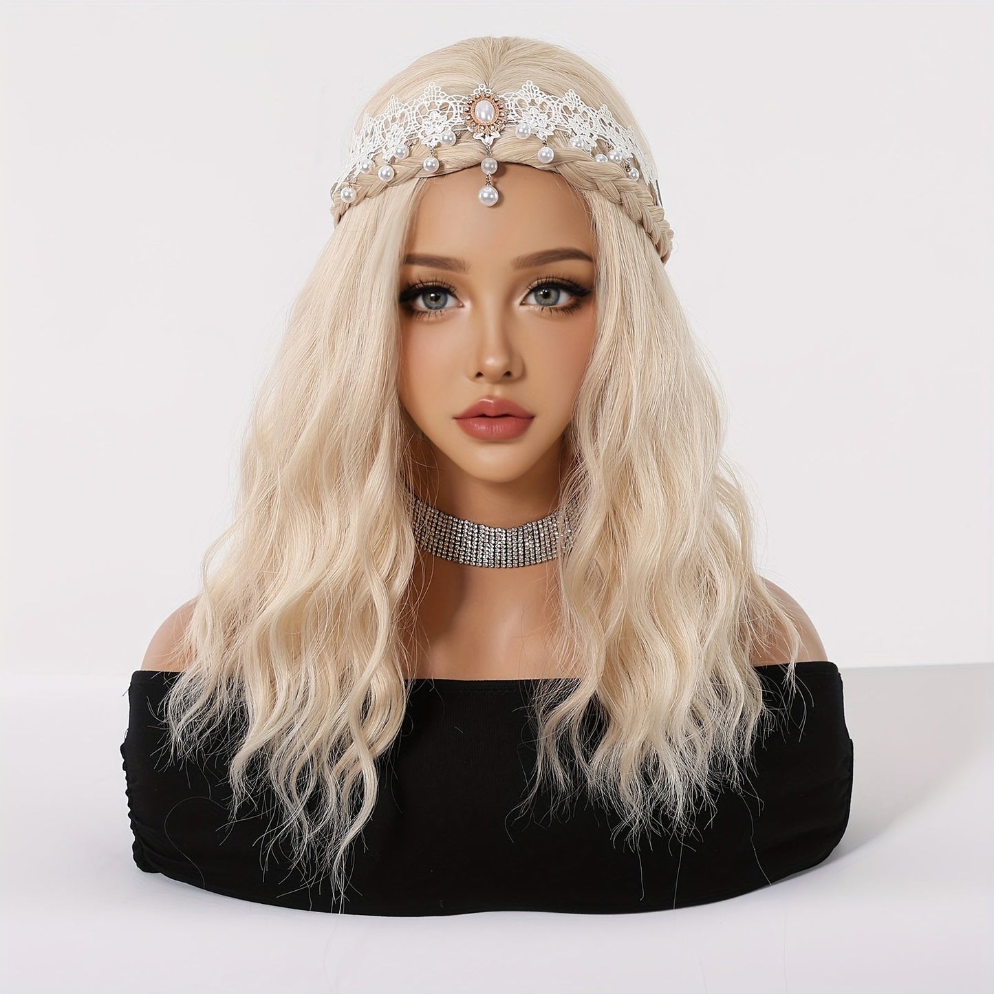 14 Inch White Golden Split Wig, Soft Synthetic Fiber, Women's Cosplay Costume, 150% Density, Curly Wave, Rose Net Cap, for Daily, Party, Halloween, Christmas, Music Festival, All Ethnicities