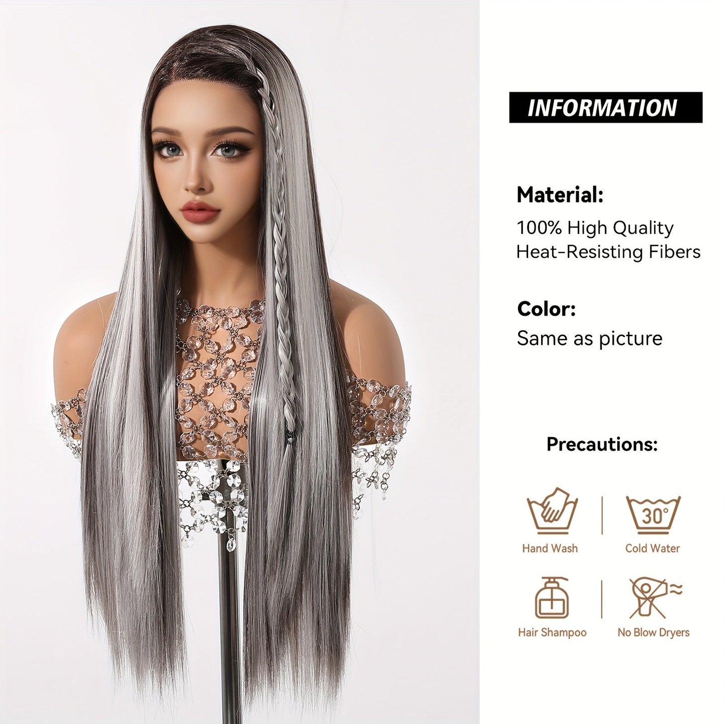 Chic 28" White & Grey Ombre Lace Front Wig - Soft Synthetic, Straight Hair for Women | Perfect for Daily Wear, Work, Parties, Halloween, Christmas & Cosplay