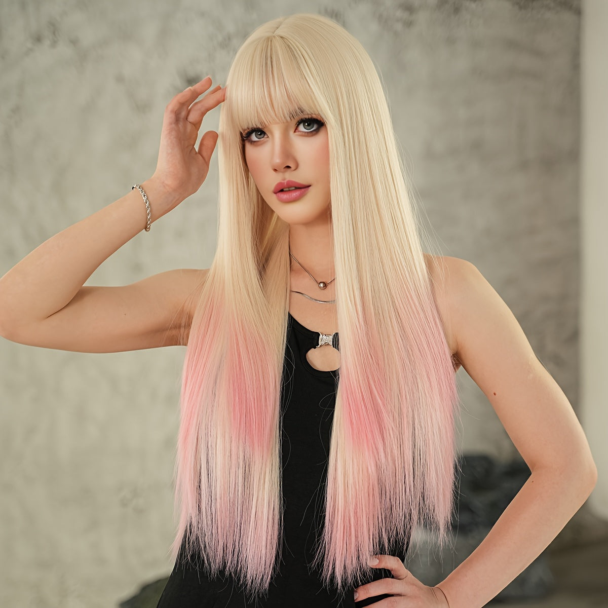 High-Density Synthetic Wig - Long Straight Beige Ombre Pink with Bangs for Women, Heat Resistant, Perfect for Halloween & Cosplay Parties