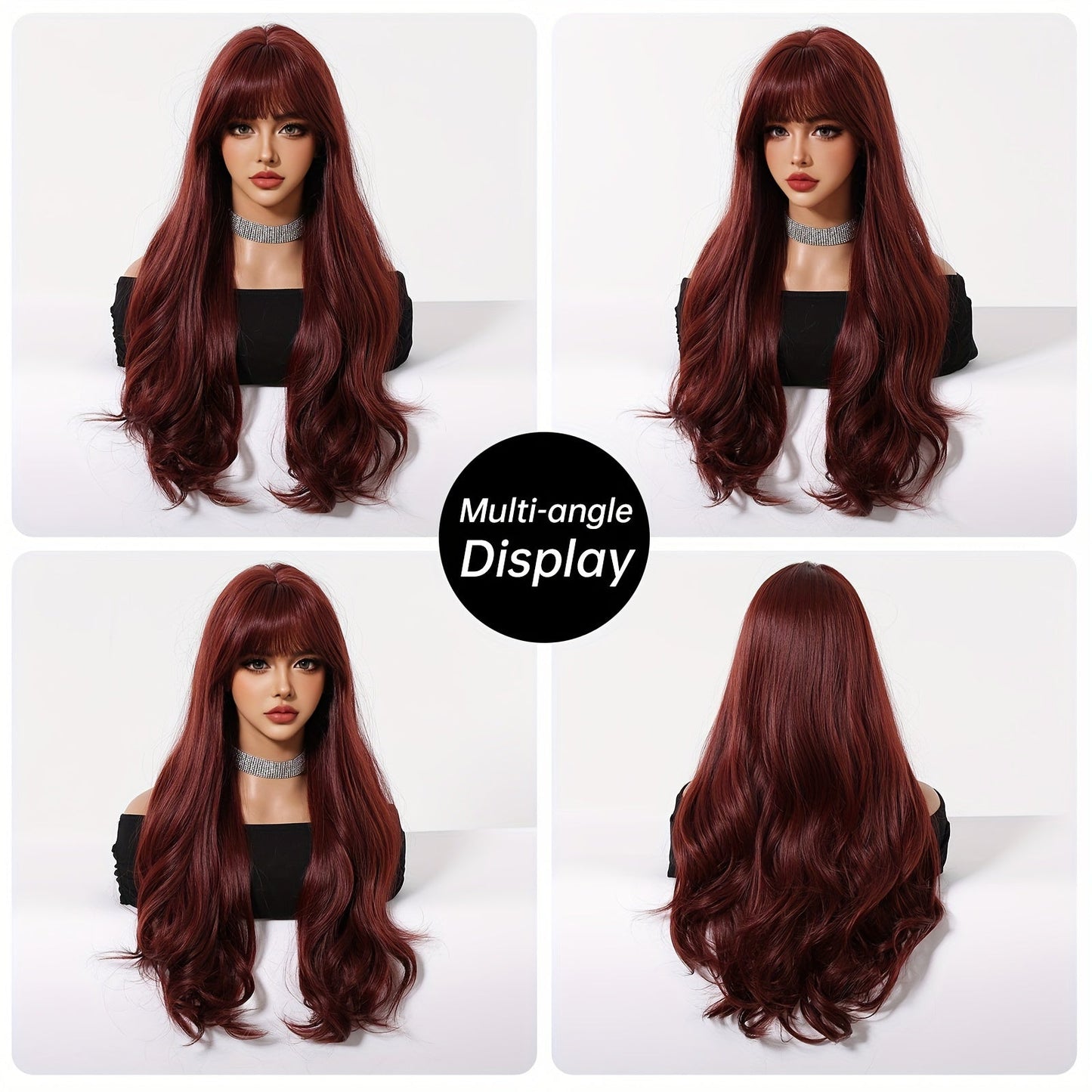 26 Inch Burgundy Long Wig with Bangs, Soft Synthetic Fiber, Elegant Style, Women's Full Top Wig, Heat-Resistant, for Daily Use, Gatherings, Cosplay, Halloween, Christmas, Music Festivals, All Ethnicities