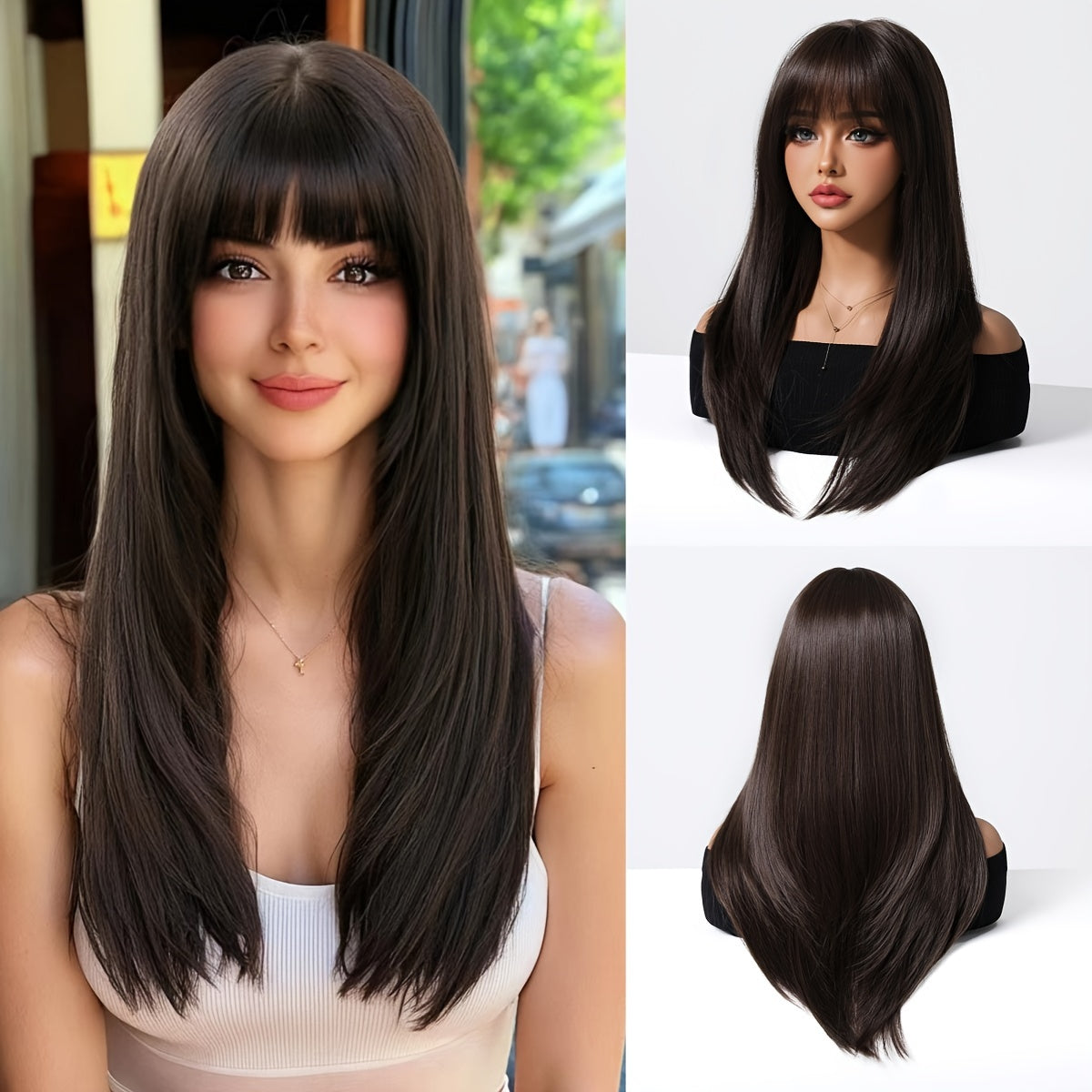 Chic 20-Inch Black & Brown Layered Wig with Bangs - Soft Synthetic, Heat Resistant for Women | Perfect for Daily Wear, Halloween, Christmas, Cosplay & More