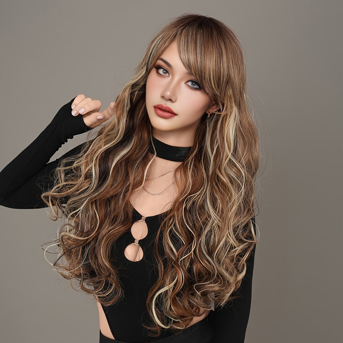 Elegant High-Density Body Wave Wig for Women - Heat Resistant Synthetic with Side Part & Bangs, Brown to Blonde Ombre, Perfect for Daily Wear & Special Occasions