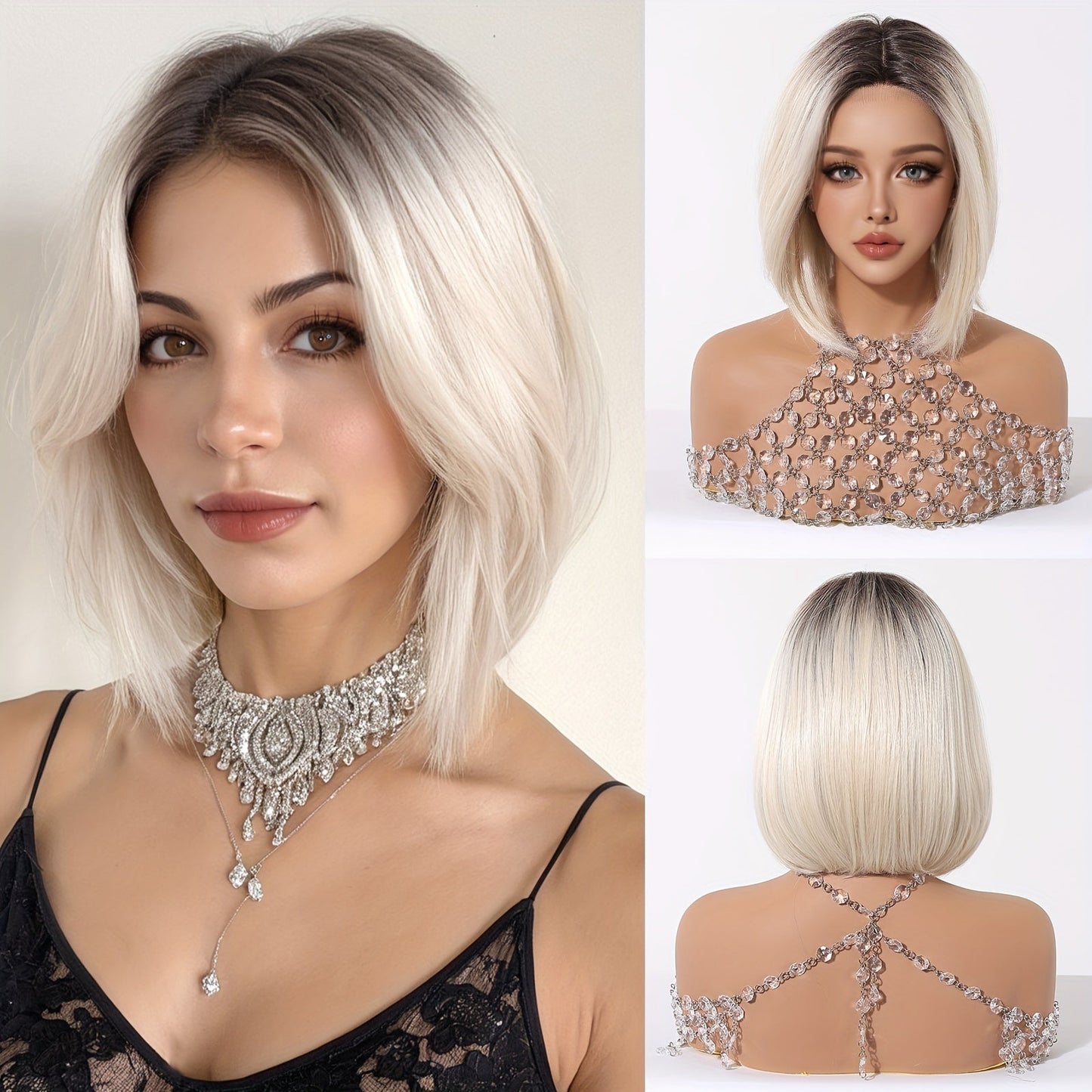 Chic 12" White Golden Ombre Bob Wig - Soft Synthetic, Lace Front (13x5x1), Perfect for Daily Wear & Special Occasions