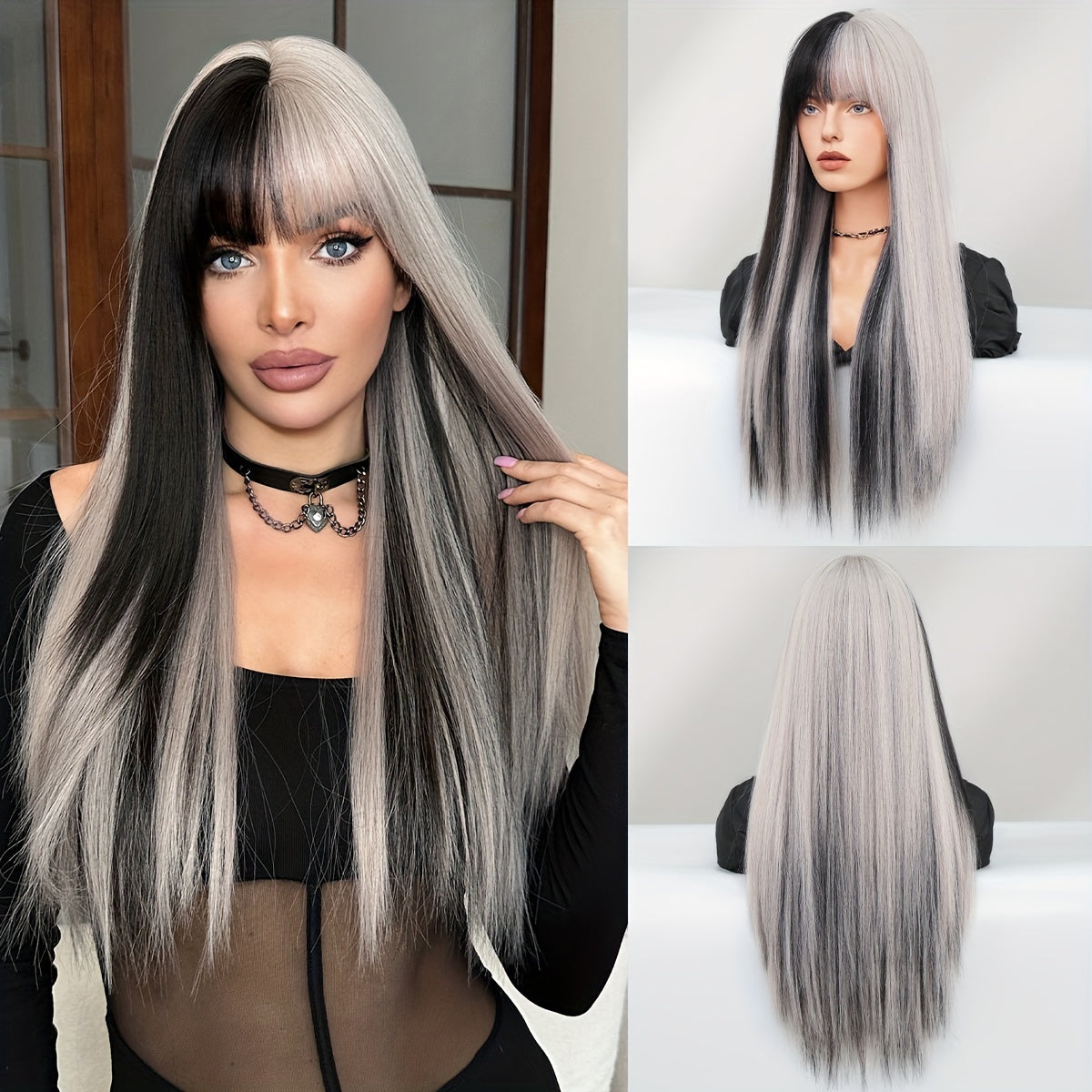 High-Density Synthetic Wig - Long Straight Black to Blonde Ombre, Heat Resistant for Halloween & Cosplay Parties