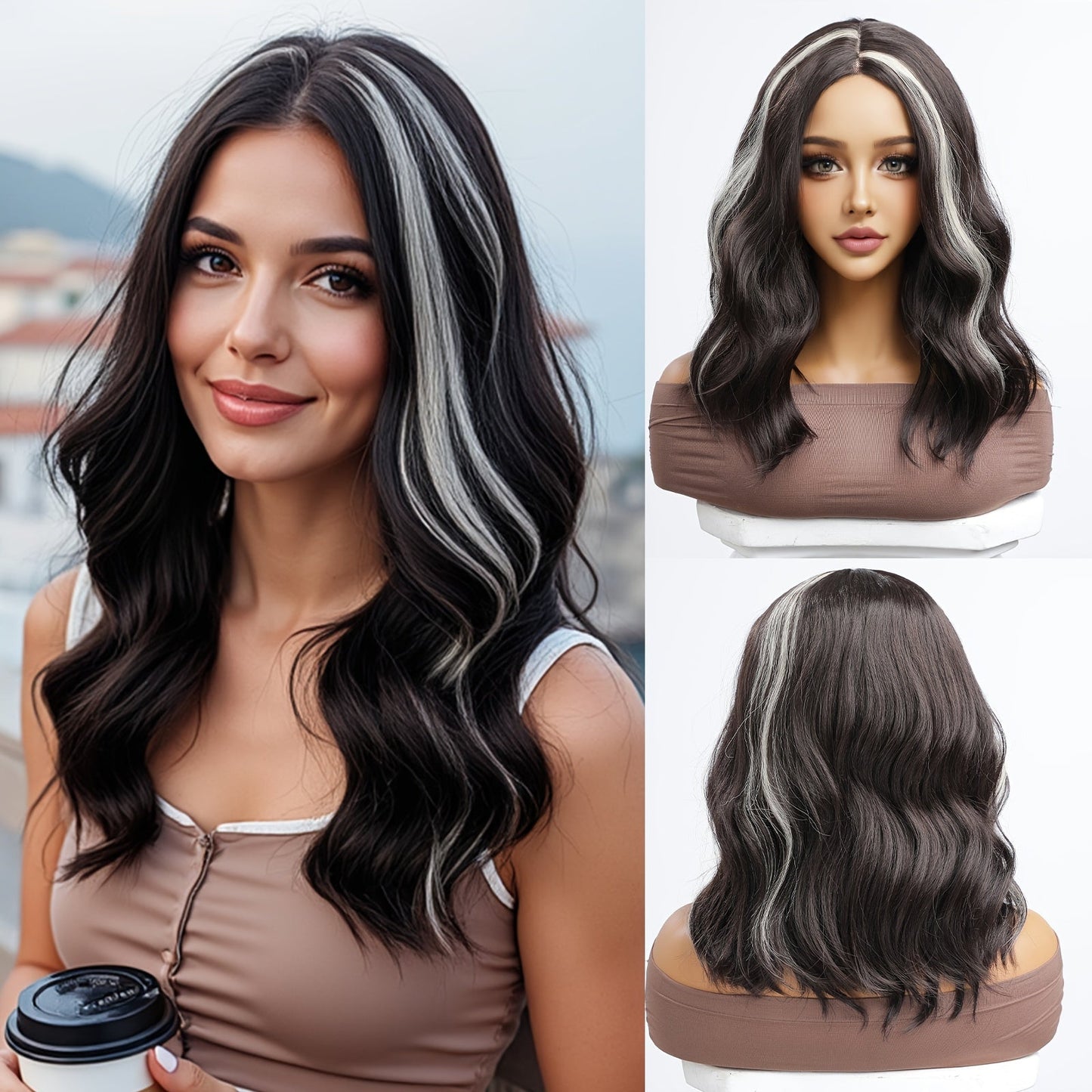 Chic 16" Black to White Ombre Wig for Women - Soft Synthetic, Heat Resistant, Lace Front (13x5x1) - Perfect for Daily Wear, Parties, Cosplay & More