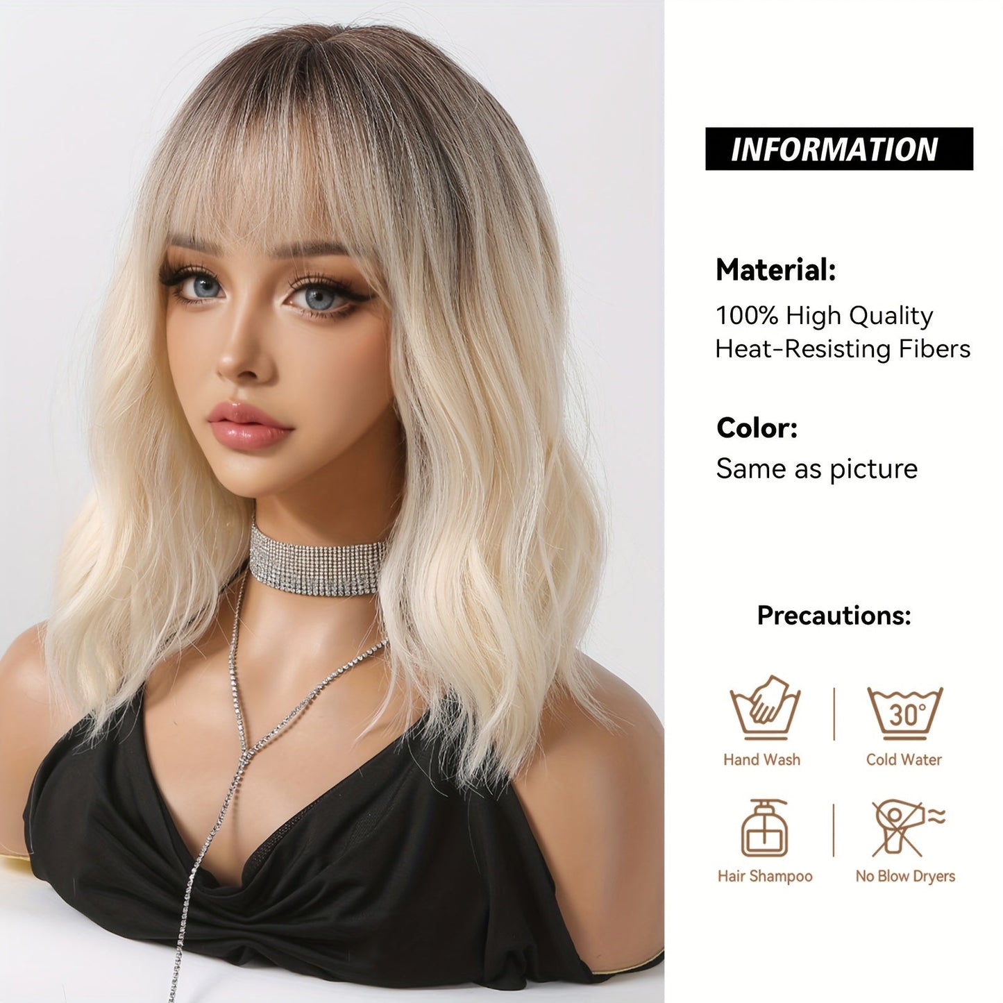 Chic 16" Ombre White Golden Bob Wig with Bangs - Soft, Heat-Resistant Synthetic Hair for Women | Perfect for Daily Wear, Work, Parties & Special Occasions