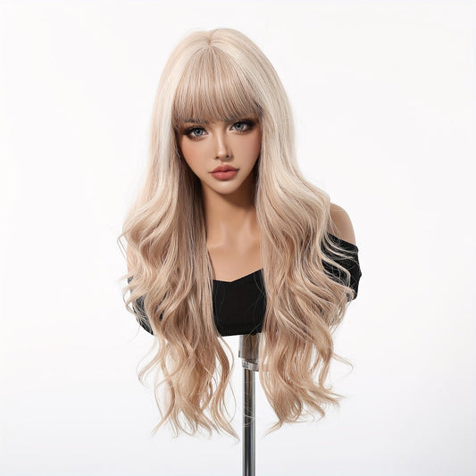 24 Inch Long Curly Wave Wig with Bangs for Women, Fashionable Soft Synthetic Hair, High Temp Fiber, Rose Net Cap, 150% Density, Ideal for Daily Wear, Halloween, Cosplay, and Music Festivals