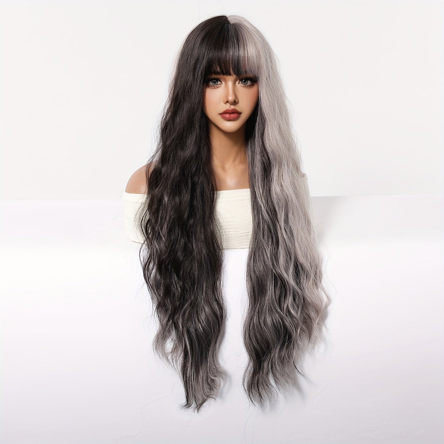 30" Long Curly Gray Ombre Wig with Bangs - Soft, Heat Resistant Synthetic Hair for Women, Perfect for Daily Wear, Parties, Halloween & Cosplay