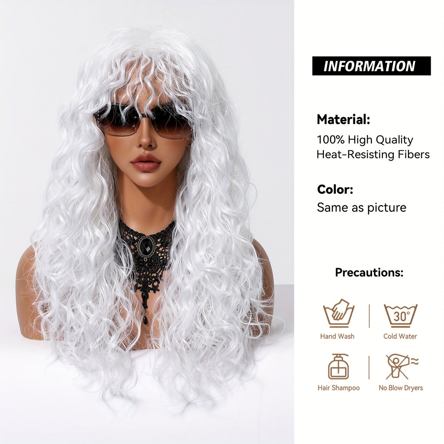 24 Inch White Curly Wave Wig with Bangs, Soft Synthetic Fiber, Women'S Fashion Wig for Daily Wear, Gatherings, Halloween, Christmas, Music Festivals, Cosplay - Heat-Resistant, Hand Wash, No Cold Water, No Dryers, Rose Cap, 150% Density, All Ethnicities