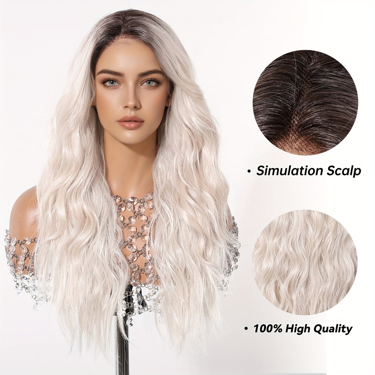 Synthetic Lace Wig Basic Style 22 Inch White Golden Top with Curly Wave, Japanese Silk, 13*4 Lace Area, 150% Density for Daily, Work, Party, Halloween, Christmas, Music Festival, Cosplay And Other Activities