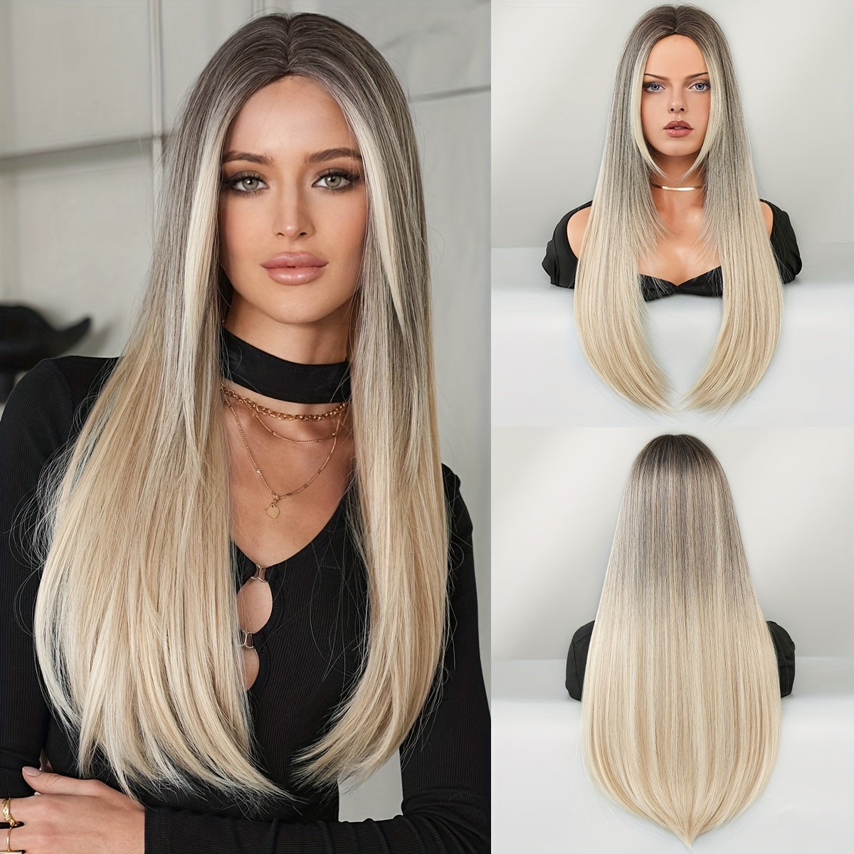 High-Density Synthetic Wig for Women - Long Straight with Golden Highlights & Orange Accents, Heat Resistant, Perfect for Halloween Cosplay & Daily Wear