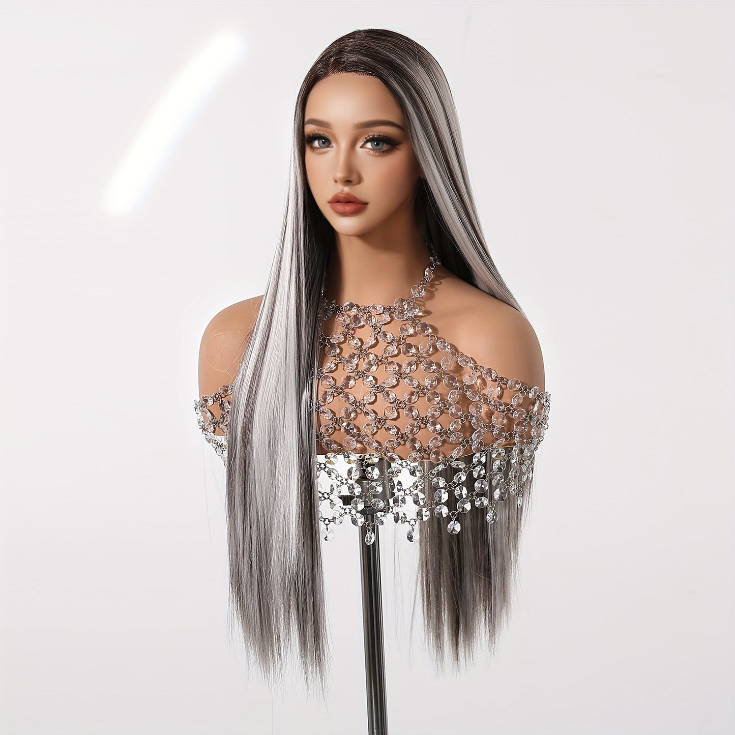 Chic 28" White & Grey Ombre Lace Front Wig - Soft Synthetic, Straight Hair for Women | Perfect for Daily Wear, Work, Parties, Halloween, Christmas & Cosplay