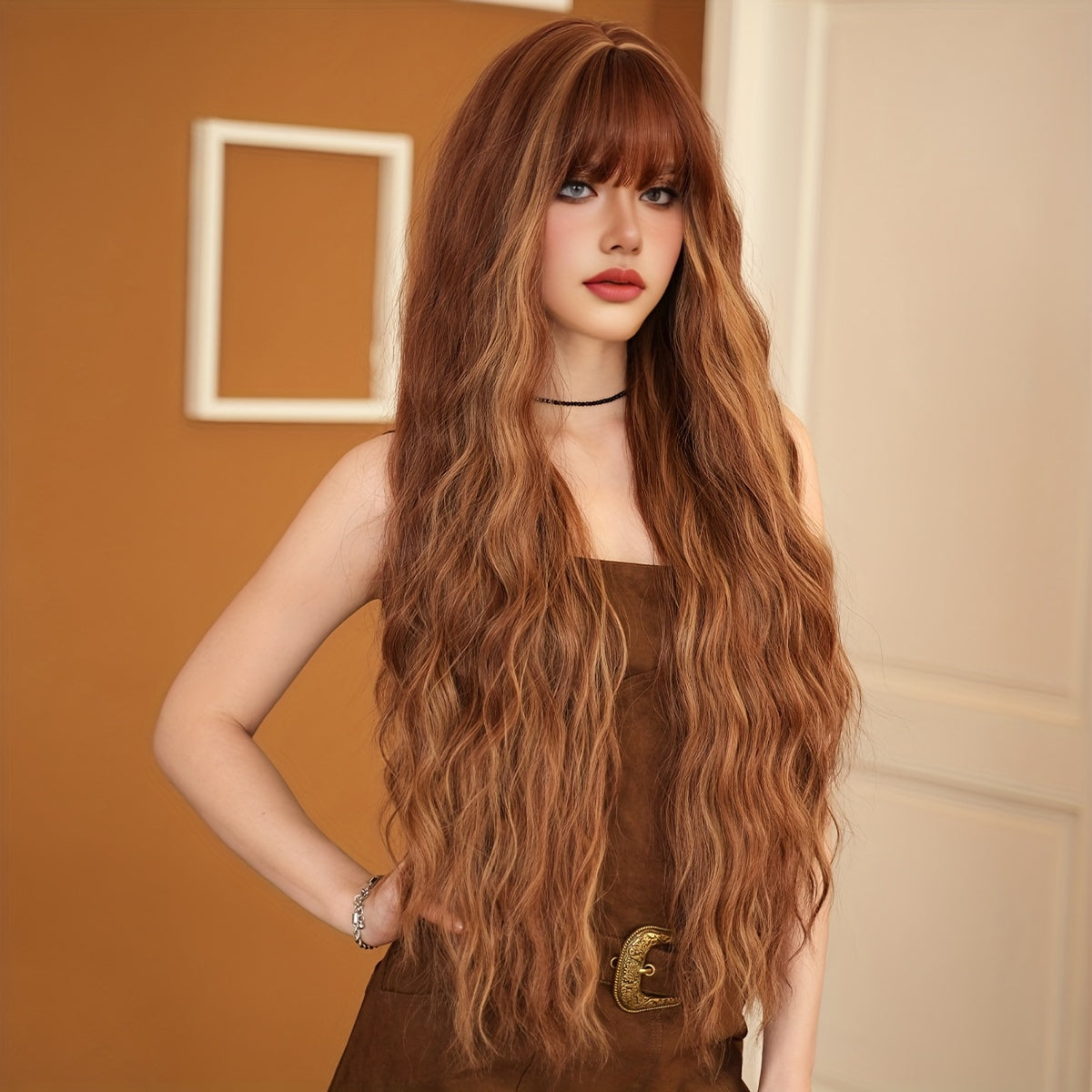 Pumpkin Orange Brown Long Curly Wig - Heat Resistant Synthetic Hair for Halloween, Cosplay & Parties, 35.43inch