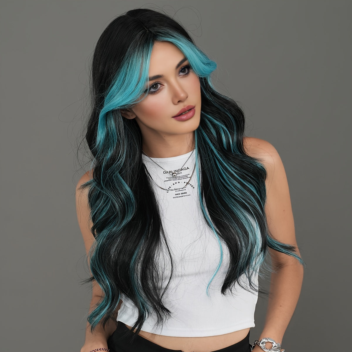 Sassy Theme Viscose Wavy Wig with Ombre Blue Highlights, Heat Resistant Synthetic Middle Part Wave Curl, High Density Rose Net Cap by NAMM, 25.59inch