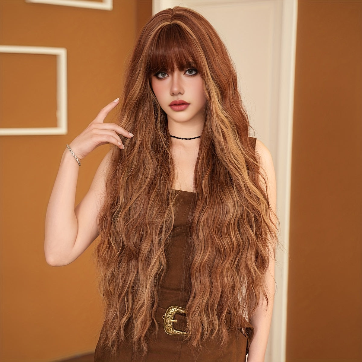 Pumpkin Orange Brown Long Curly Wig - Heat Resistant Synthetic Hair for Halloween, Cosplay & Parties, 35.43inch