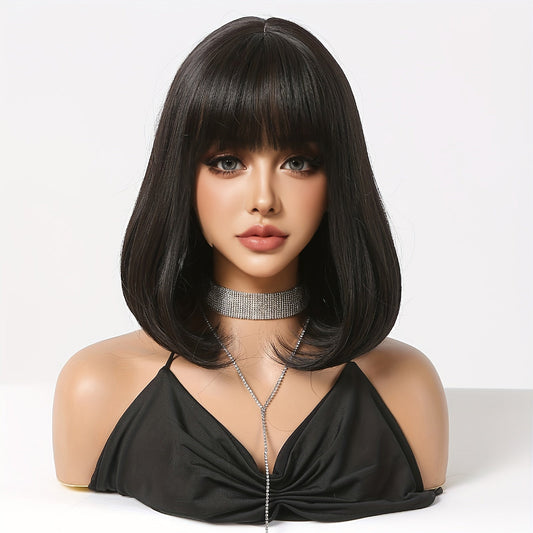 Women'S Bob Style Wig with Bangs - 16 inch, 100% High-Temperature Fiber, Straight Hair, 150% Density, Basic Style, Rose Net Cap, Versatile for Daily Wear, Work, Parties, Halloween, Christmas, Music Festivals