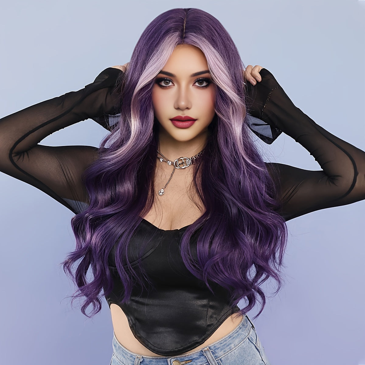 High-Density Synthetic Wig - Purple & Light Purple Ombre, Heat Resistant, Body Wave with Middle Part for Women - Perfect for Halloween & Cosplay