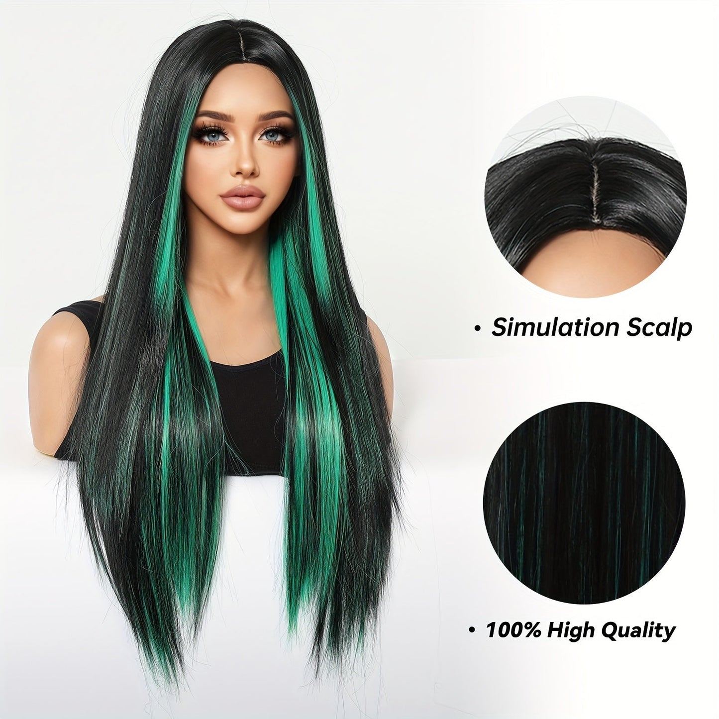 Women's 26 inch Long Straight Party Wig with Black Mixed Green Highlights, High Temperature Fiber, 150% Density, Rose Net Cap, Heat Resistant Synthetic Hair for Daily Use and Festive Occasions