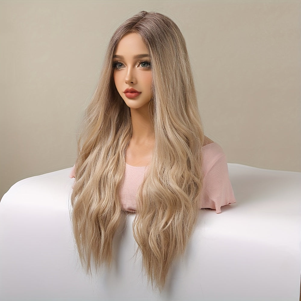 Women'S 26 Inch Curly Wave Lace Front Wig, 13*5*1 Lace Area, Golden Blonde with Black Roots, 150% Density, High-Temperature Fiber, Versatile for Daily, Work, Holidays, Festivals, Cosplay