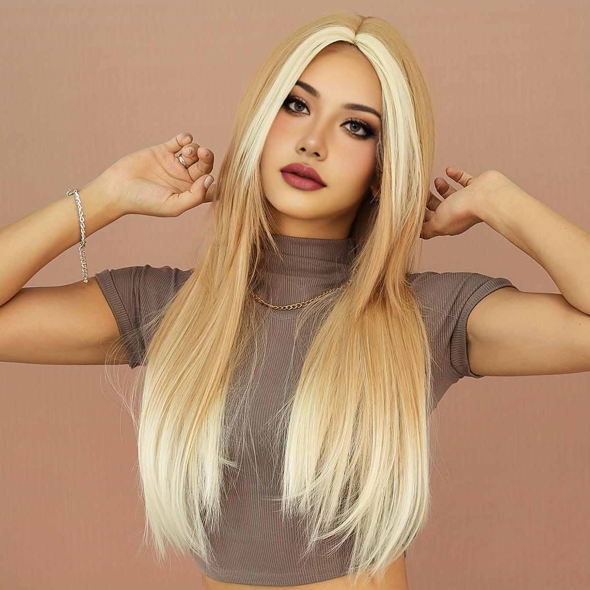 Blonde Ombre Beige Wig for Women - High Density Synthetic, Middle Part with Curtain Bangs, Heat Resistant, Perfect for Daily Wear & Halloween Costumes, 25.59"