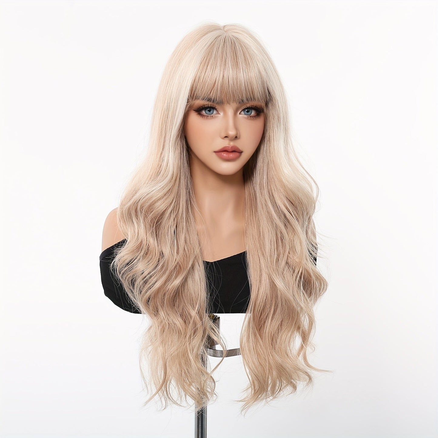 24 Inch Long Curly Wave Wig with Bangs for Women, Fashionable Soft Synthetic Hair, High Temp Fiber, Rose Net Cap, 150% Density, Ideal for Daily Wear, Halloween, Cosplay, and Music Festivals