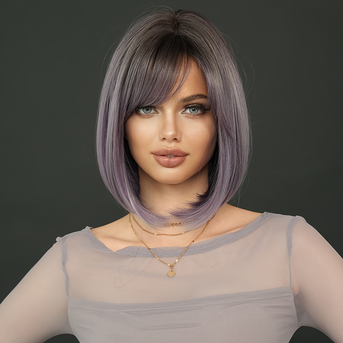 Chic Purple Bob Wig for Women - High-Density Synthetic, Heat Resistant, Side Parted Short Straight Style with Bangs - Perfect for Daily Wear & Parties