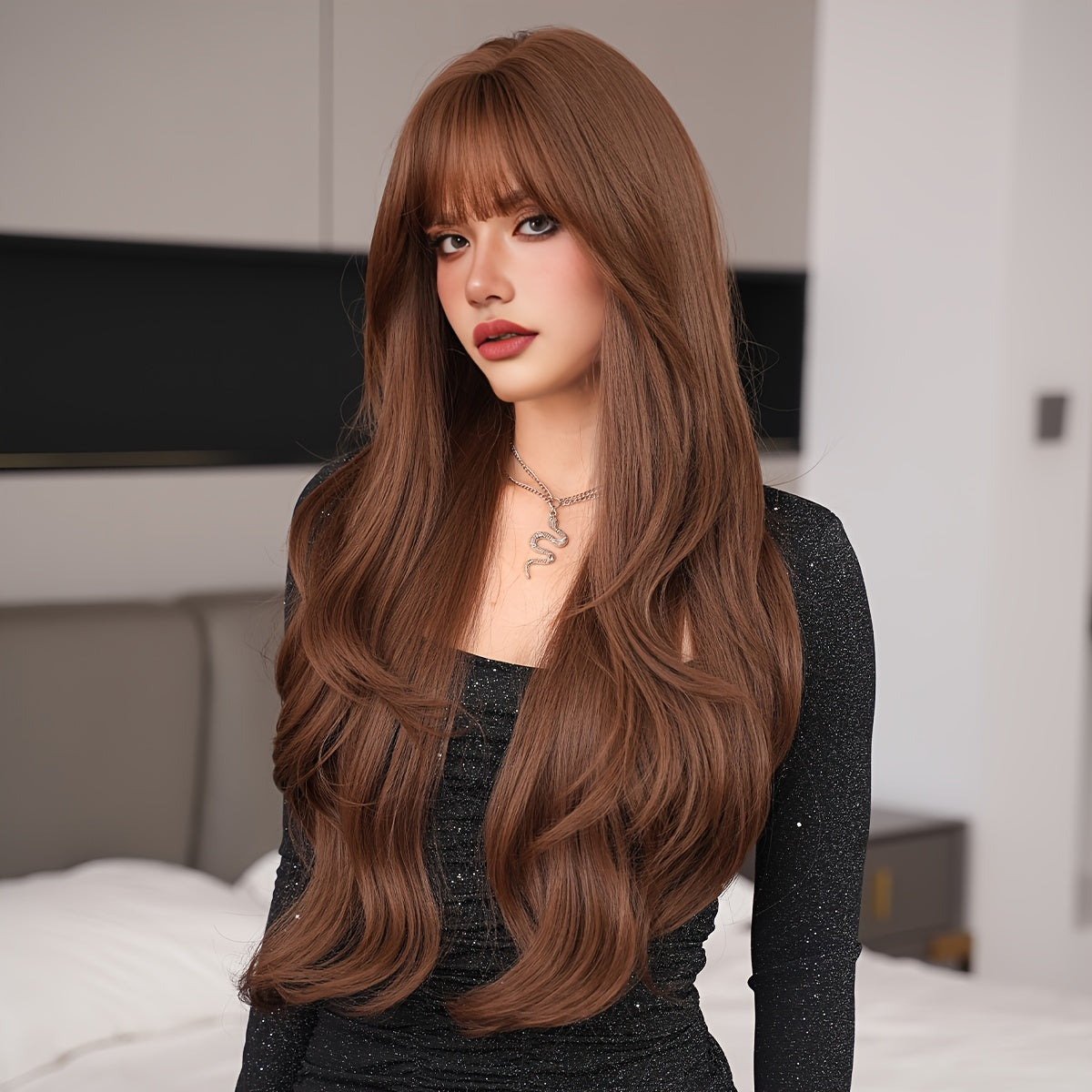 Luxurious Mocha Brown Body Wave Wig for Women - High-Density, Heat Resistant Synthetic Hair with Bangs, Natural Looking, Soft to Touch, Perfect for Daily Wear, Cosplay, and Special Occasions