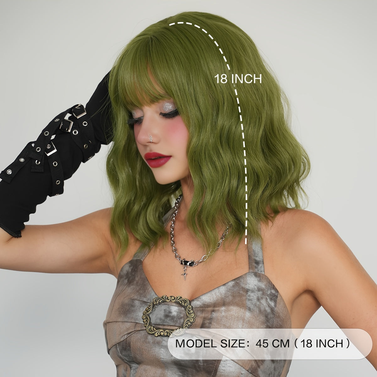 Green Wavy Shoulder-Length Synthetic Wig with Bangs - Heat Resistant, High Density for Daily Wear & Parties, 17.7"